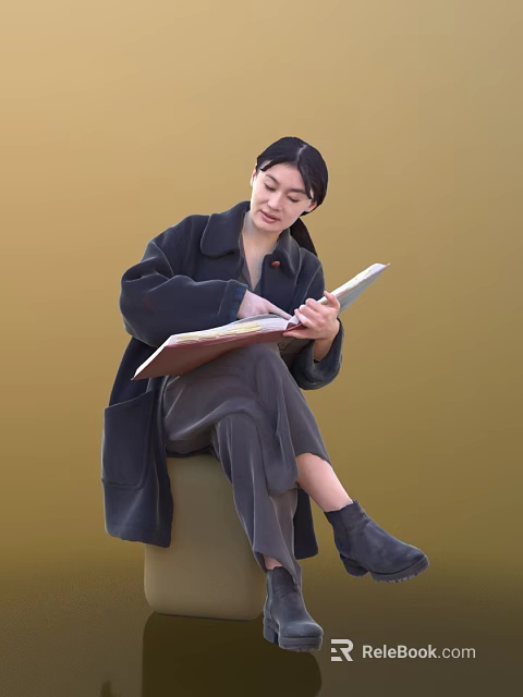 Woman In Dark Coat And Pants Reading Open Book On Green Object With Yellow Background 3d model 