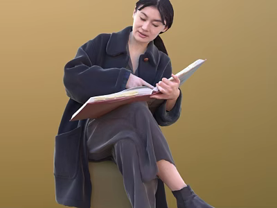Woman In Dark Coat And Pants Reading Open Book On Green Object With Yellow Background 3d model