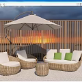 Woven Rattan Outdoor Sofa With Green White Cushions Umbrella And Sunset View Wooden Screen