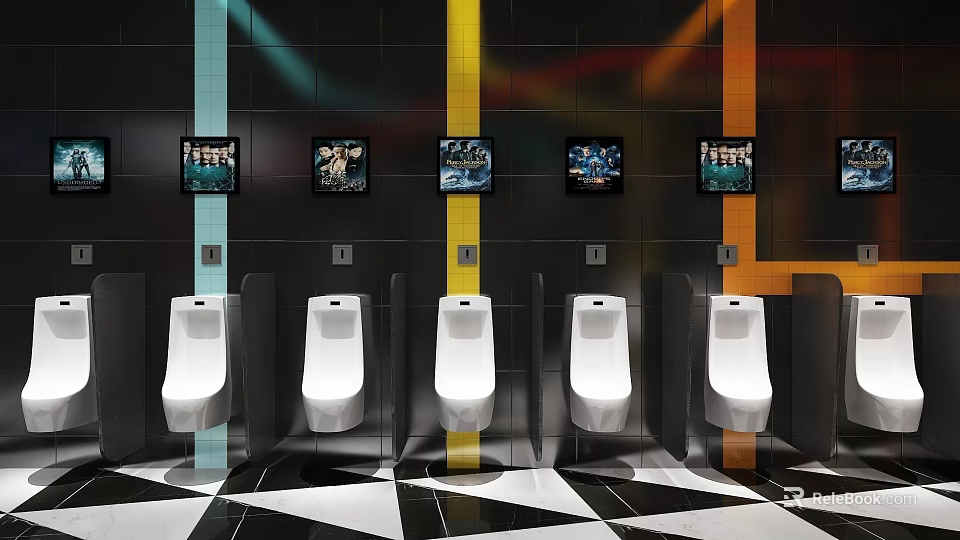 Public Restroom With White Urinals Colorful Striped Walls Paintings And Black White Geometric Floor Tiles 3d model 