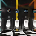 Public Restroom With White Urinals Colorful Striped Walls Paintings And Black White Geometric Floor Tiles