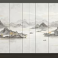 Chinese Landscape Ink Painting Style Modern Marble Background Wall With Golden Accents