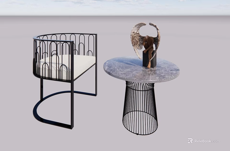 Modern Leisure Chair With Black Metal Frame White Cushion And Marble Top Side Table 3d model 