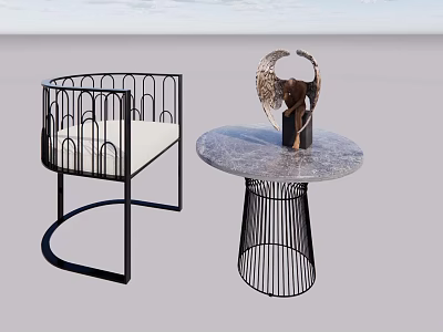 Modern Leisure Chair With Black Metal Frame White Cushion And Marble Top Side Table 3d model