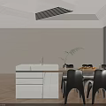 Modern Dining Table Set With Wooden Top Black Chairs And Marble Counter On Herringbone Floor