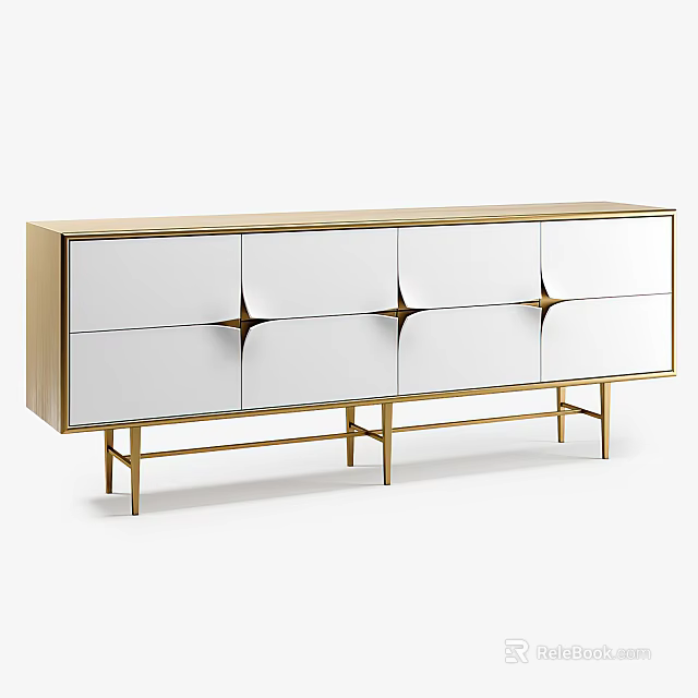 Sleek Modern White TV Stand With Gold Metal Frame And Mirrored Doors 3d model 
