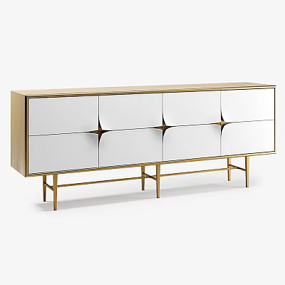 Sleek Modern White TV Stand With Gold Metal Frame And Mirrored Doors 3d model
