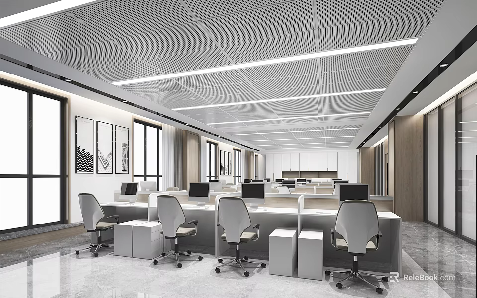 Modern Public Office Space Interior With Work Desks Office Chairs And Computers 3d model