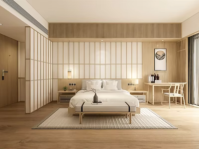 Modern Minimalist Wooden Bedroom Interior Design With Bed Vertical Slats Wall Nightstands Desk And Chair 3d model