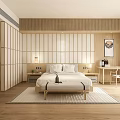 Modern Minimalist Wooden Bedroom Interior Design With Bed Vertical Slats Wall Nightstands Desk And Chair