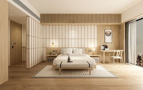 Japanese-style Bedroom Homestay Guest Room Desk Bedroom Ornaments Double Bed Big Bed Room Bedroom Chandelier 3d model