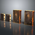Old Books With Various Sizes And Black Orange Borders On Dark Reflective Surface 3d model