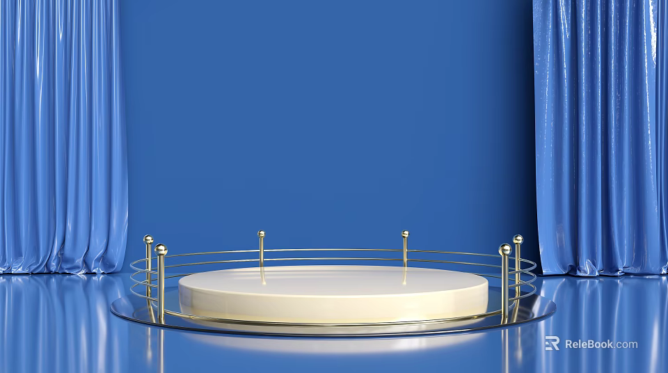 Commercial Equipment Display Platform With Round White Stage Metal Railings Blue Background And Reflective Floor 3d model 