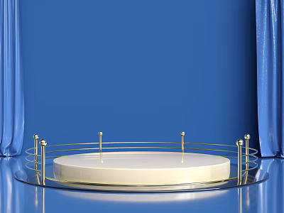 Commercial Equipment Display Platform With Round White Stage Metal Railings Blue Background And Reflective Floor 3d model