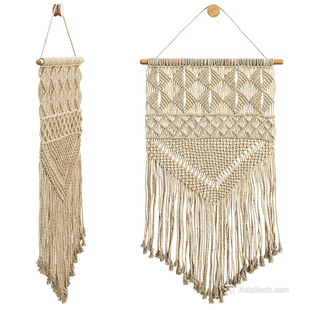 Beige Macrame Wall Hangings Featuring Geometric Patterns And Long Tassels For Home Decor 3d model 