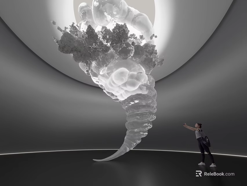 Art Installation Featuring Swirling Cloud Sculptural Form in Modern Gallery Space with Person Pointing 3d model 
