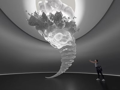 Art Installation Featuring Swirling Cloud Sculptural Form in Modern Gallery Space with Person Pointing 3d model