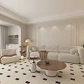 Minimalist Living Room Interior With White Cabinets Open Shelves And Table Lamp