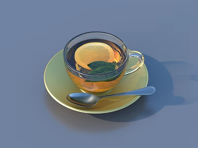 Refreshing Beverage in Clear Glass With Lemon Slice Mint Leaf on Yellow Saucer and Spoon 3d model