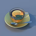 Refreshing Beverage in Clear Glass With Lemon Slice Mint Leaf on Yellow Saucer and Spoon