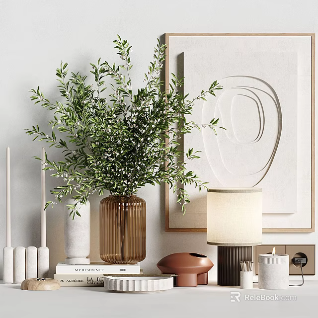 Minimalist Decorative Ornaments With Olive Branch Vase Framed Art Table Lamp Books And Candles 3d model