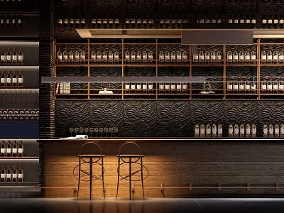 Modern Bar Interior With Wine Racks Bar Counter And Wooden Stools 3d model