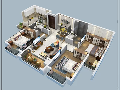Residential Aerial Floor Plan Interior Layout With Bedrooms Living Room Kitchen Furniture And Decor 3d model
