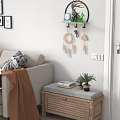 Stylish Entryway Console Table With Wall Mounted Shelf Hooks Feather Decor And Small Plants