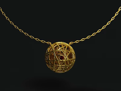 Delicate Gold Necklace With Netted Sphere Pendant And Red Gemstone Center 3d model