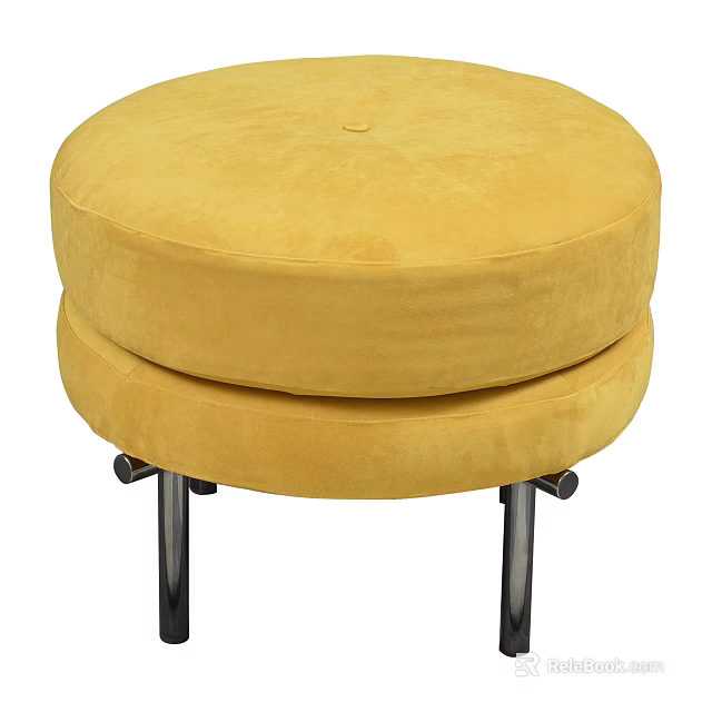 Yellow Round Padded Velvet Stool With Metal Legs For Home Decor 3d model 