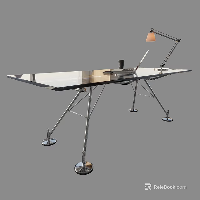Modern Office Desk With Metal Frame Desk Lamp And Laptop On Smooth Surface 3d model 