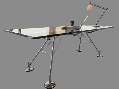 Modern Office Desk With Metal Frame Desk Lamp And Laptop On Smooth Surface 3d model