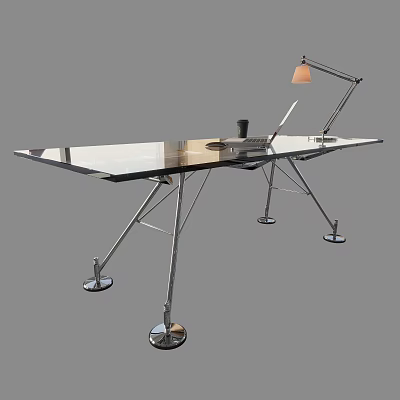 Modern Office Desk With Metal Frame Desk Lamp And Laptop On Smooth Surface 3d model