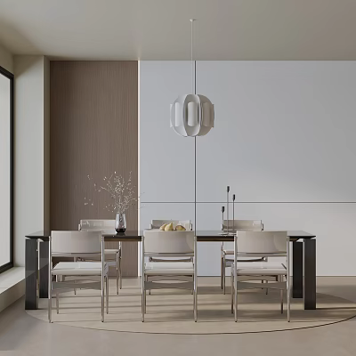 Modern Dining Table Set With White Chairs Pendent Light Vase And Light Wooden Walls 3d model