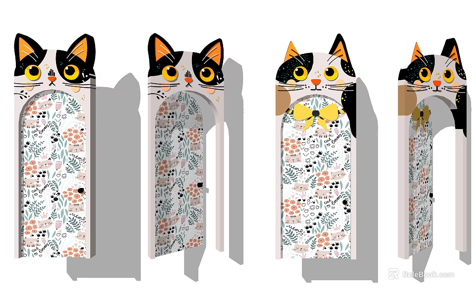 Multiple Swing Doors Featuring Cat Face and Floral Patterns in Different Positions 3d model 