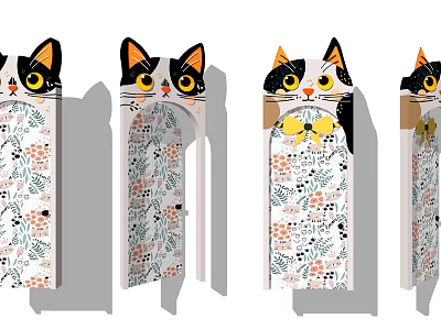 Multiple Swing Doors Featuring Cat Face and Floral Patterns in Different Positions 3d model