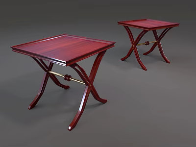Two Dark Red Wooden Side Tables With Cross Legs And Golden Connecting Bar 3d model