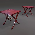 Two Dark Red Wooden Side Tables With Cross Legs And Golden Connecting Bar
