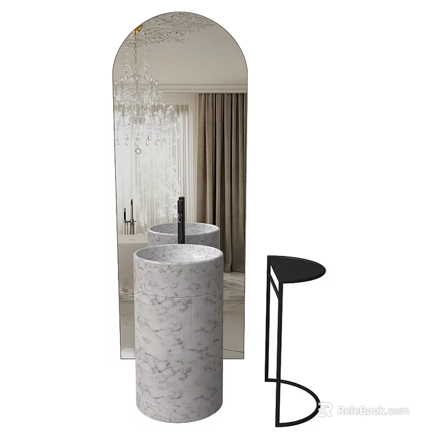 Cylindrical Marble Washbasin With Mirror And Black Side Table In Modern Interior 3d model
