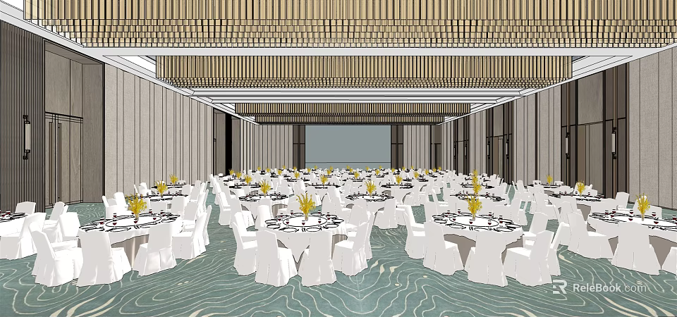 Spacious Banquet Hall With White Tablecloths Yellow Floral Centerpieces Wooden Ceiling And Wavy Pattern Carpet 3d model 