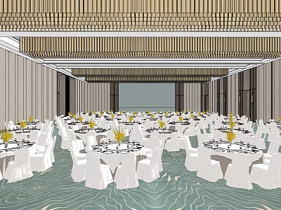 Spacious Banquet Hall With White Tablecloths Yellow Floral Centerpieces Wooden Ceiling And Wavy Pattern Carpet 3d model