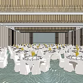 Spacious Banquet Hall With White Tablecloths Yellow Floral Centerpieces Wooden Ceiling And Wavy Pattern Carpet