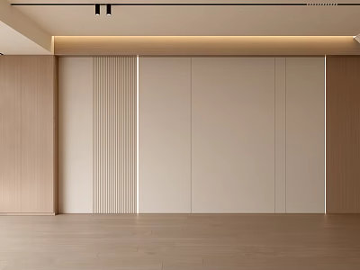 Modern Minimalist Sofa Backdrop Wall With Wooden Panels Beige Surface And Warm Lighting 3d model