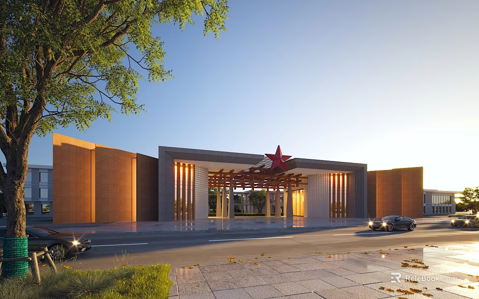 Modern Sales Office Building Exterior With Stone Wood Facade Red Star Ornament And Surrounding Trees 3d model 