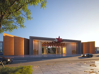 Modern Sales Office Building Exterior With Stone Wood Facade Red Star Ornament And Surrounding Trees 3d model
