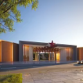 Modern Sales Office Building Exterior With Stone Wood Facade Red Star Ornament And Surrounding Trees