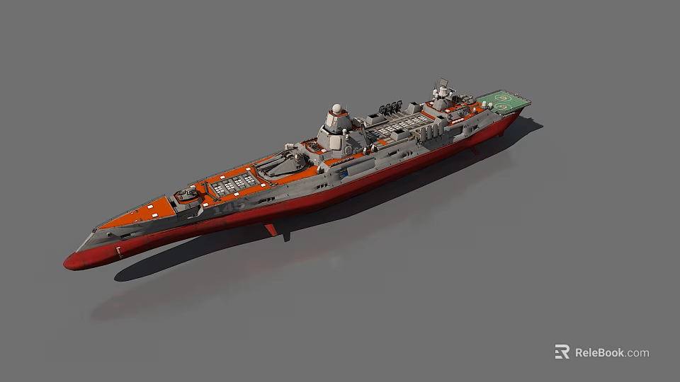 Warship Weapon Model With Orange Gray Hull Turret And Deck Equipment 3d model 