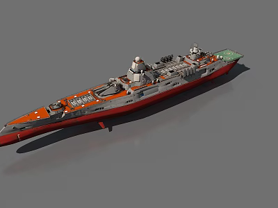 Warship Weapon Model With Orange Gray Hull Turret And Deck Equipment 3d model