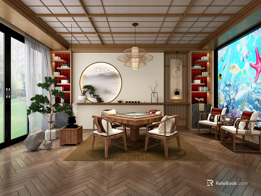 Hotel Mahjong Room With Traditional Chinese Wooden Furniture And Elegant Interior Design 3d model