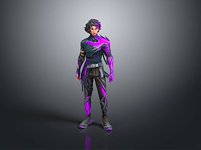 3D Fantasy Character With Purple Glowing Outfit And Dark Hair Design 3d model
